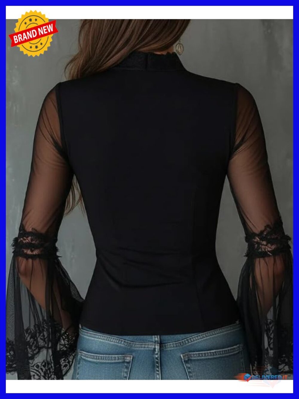 Vintage Solid Color Mesh Bell Sleeve Zipper Blouse Fitted Long Sleeve Tee - Picture 4 of 5